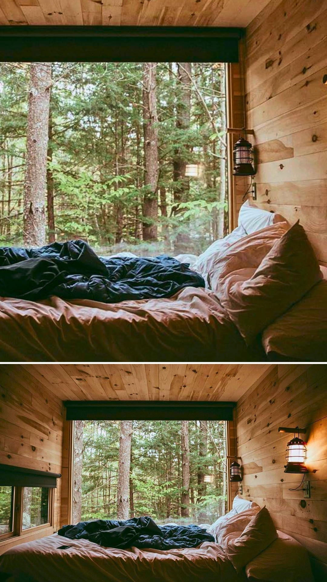 Tiny Forest Cabin Bedroom with Large Window and Wooden Interior