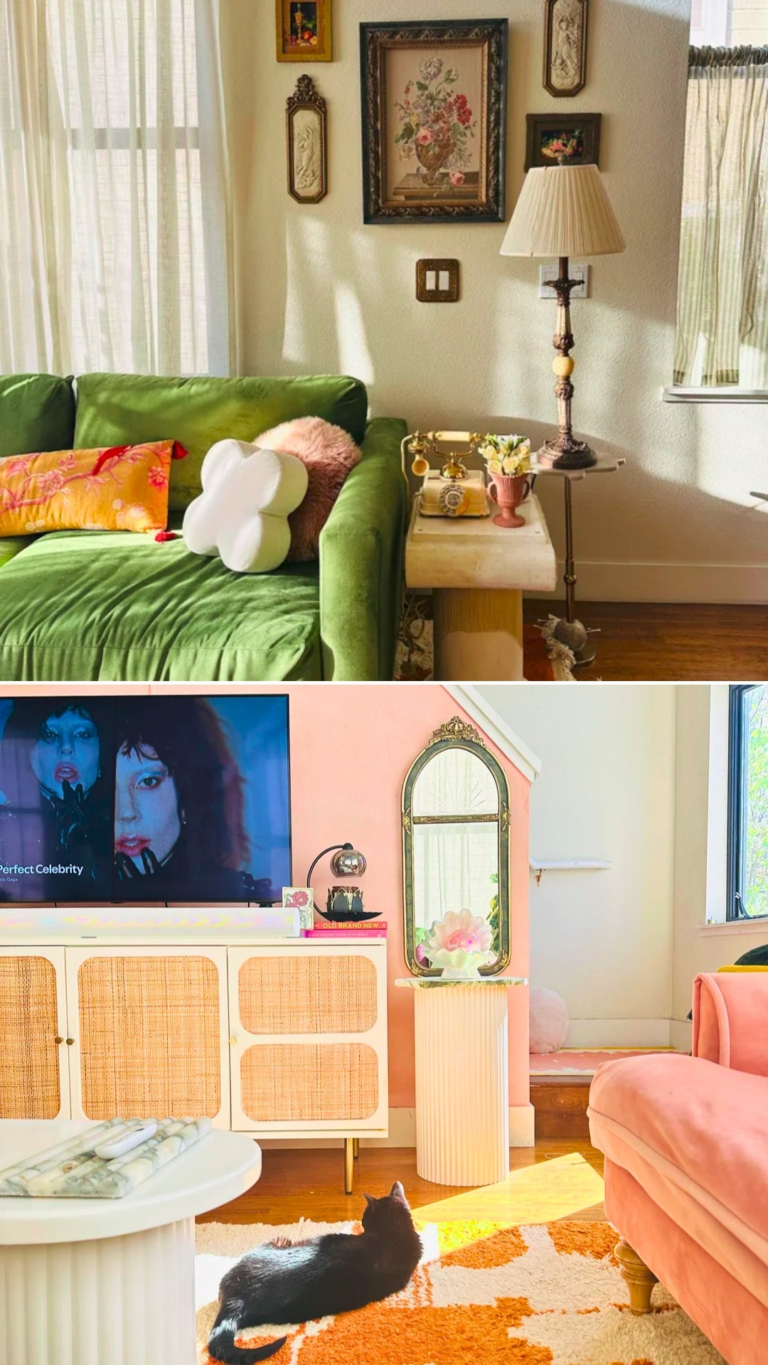 Vintage-Modern Blended Living Room with Green Couch and Pink Accents