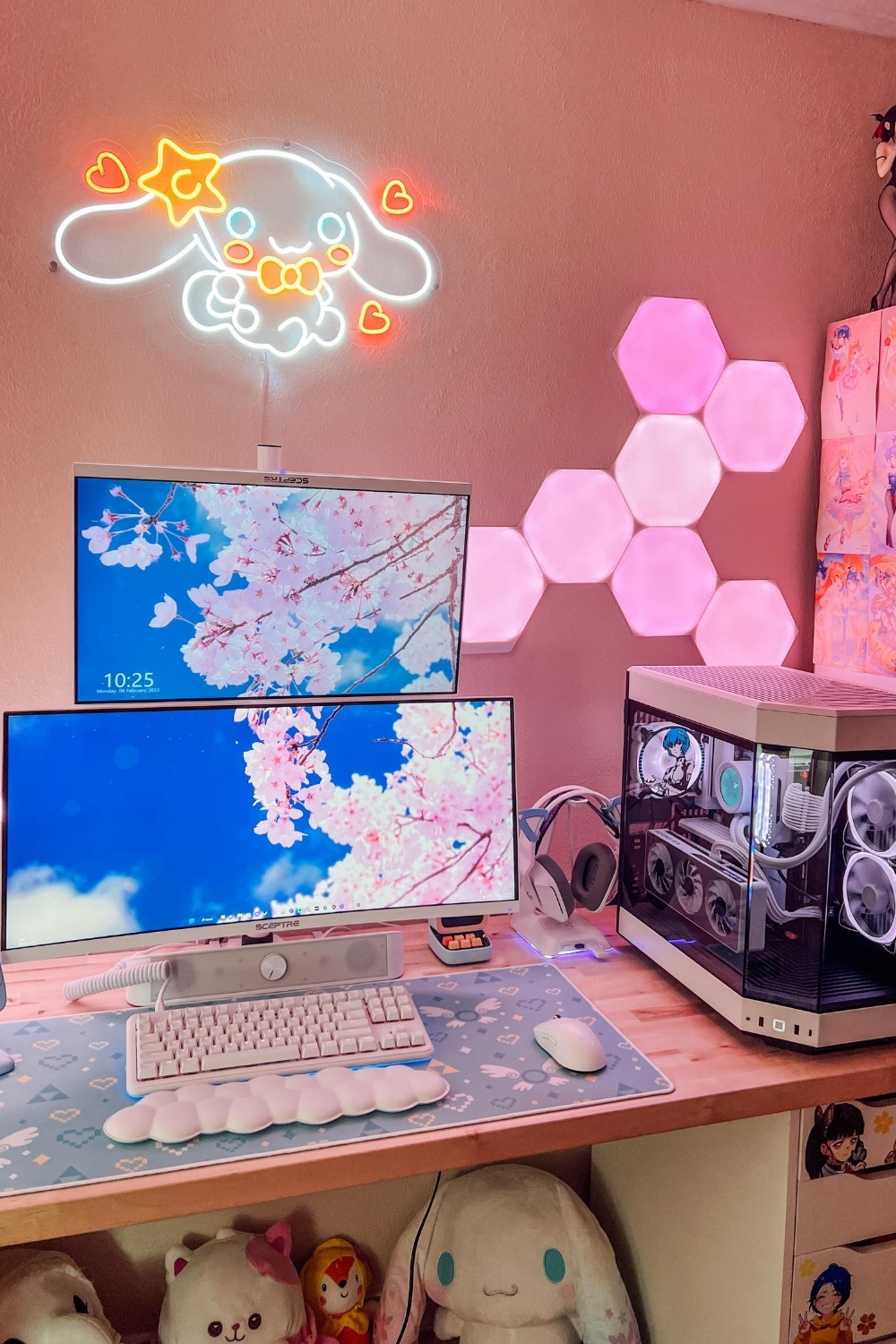 White And Pink Girly Gaming Setup With Cinnamoroll Neon Light And Sakura Wallpaper