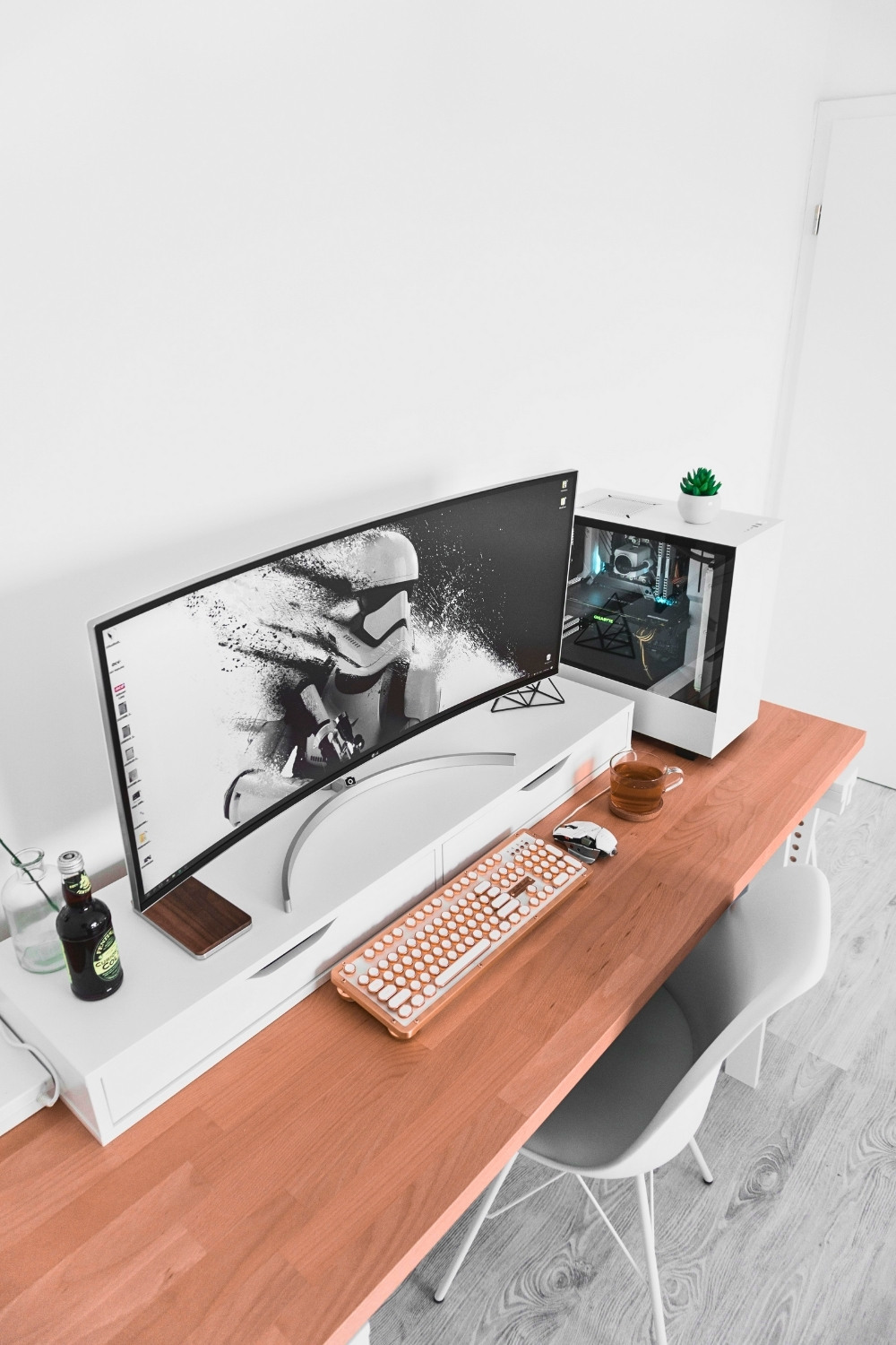 White And Wood Minimalist Desk Setup With Ultrawide Monitor And Cute Green Details