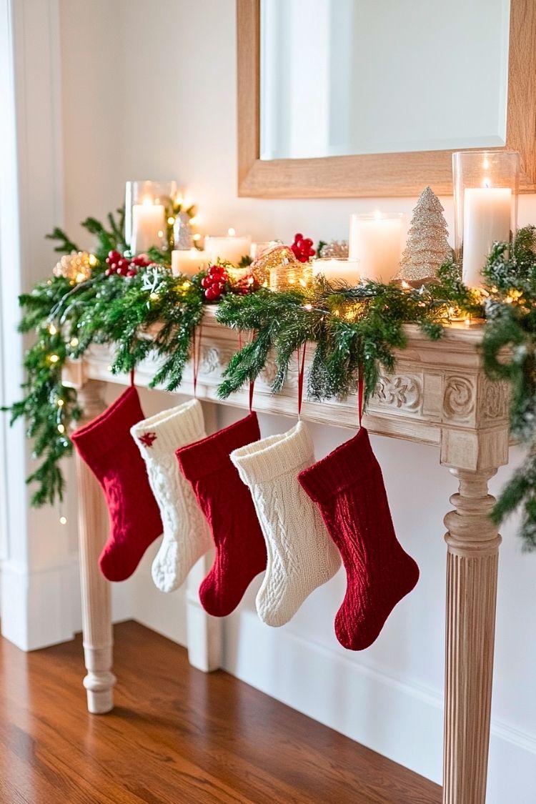 Classic Christmas Entryway With Stockings, Garland, and Candlelit Table Decorations