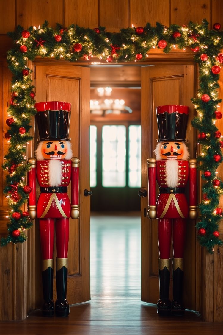 Grand Entrance With Nutcracker Decorations and Garland Around Double Doors