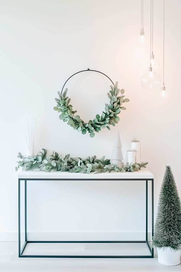 Minimal Modern Farmhouse Table Decor With Simple Wreath and Greenery Garlands