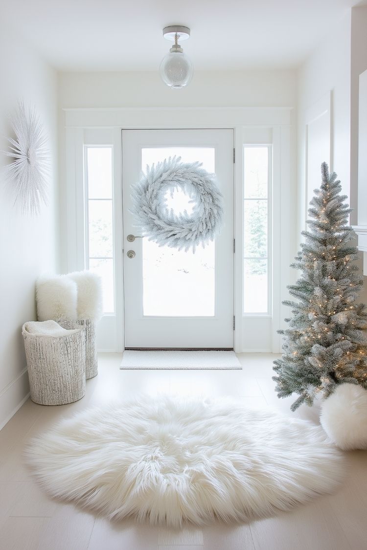 Modern Farmhouse Christmas Entryway With White Flocked Tree and Wreath on Front Door