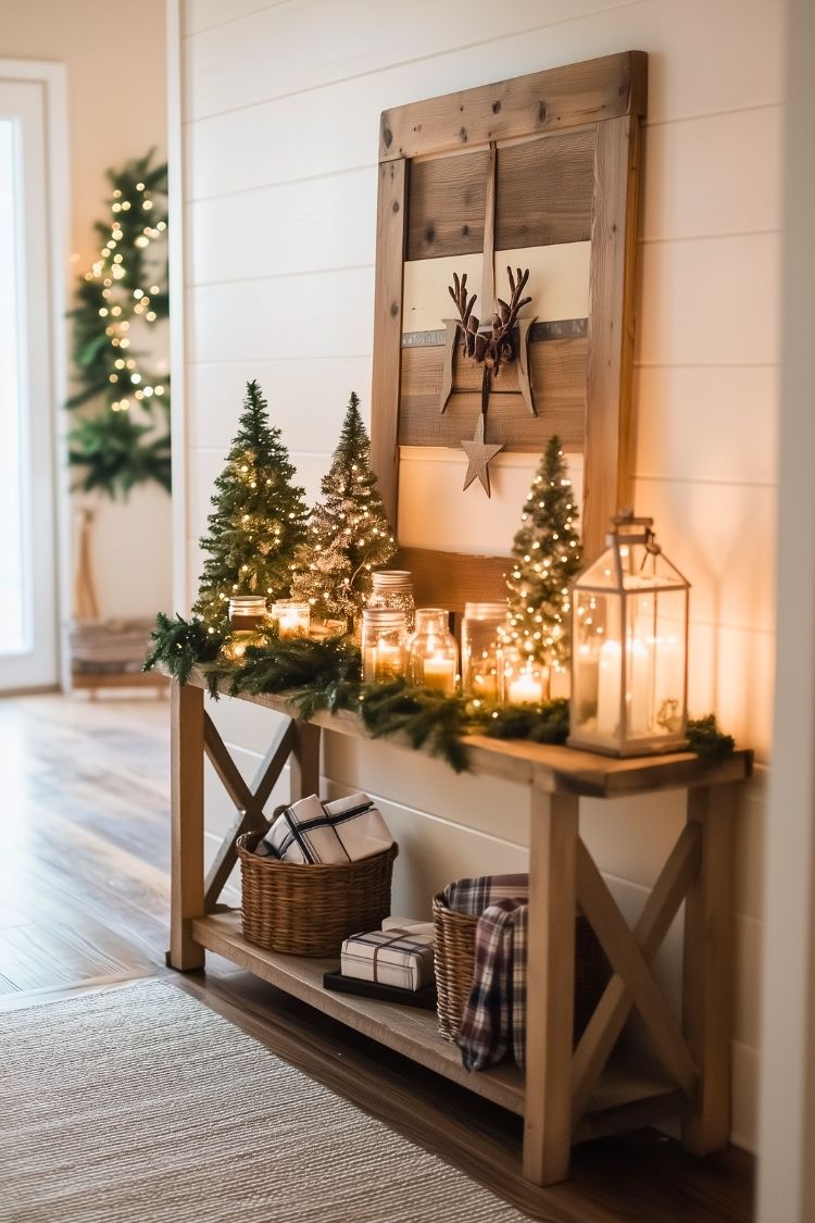 Rustic Farmhouse Entry Table With Garland, Mini Christmas Trees, and Candle Decorations