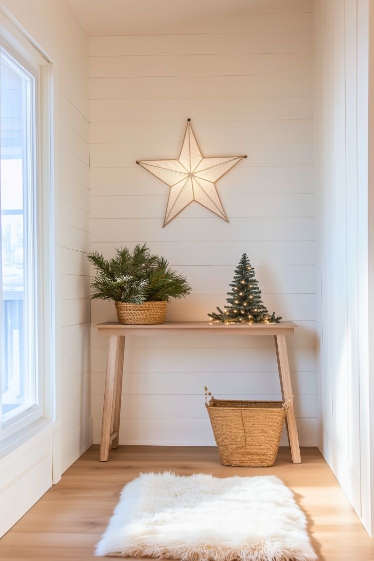 Simple Scandinavian-Inspired Entry Table With Star Wall Light and Mini Tree