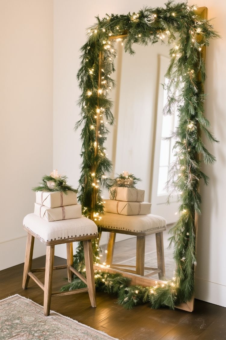 Traditional Christmas Entryway Ideas With Mirror Framed in Garland and String Lights