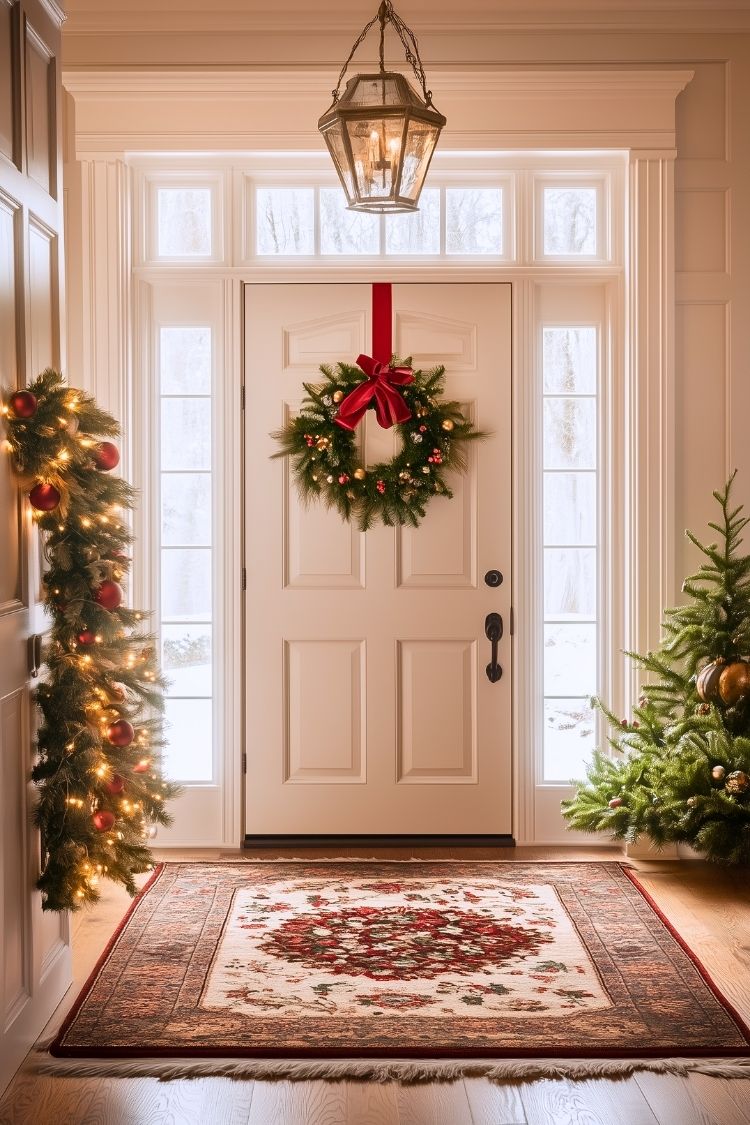 Traditional Christmas Front Door With Wreath, Rug, and Garland Decorations