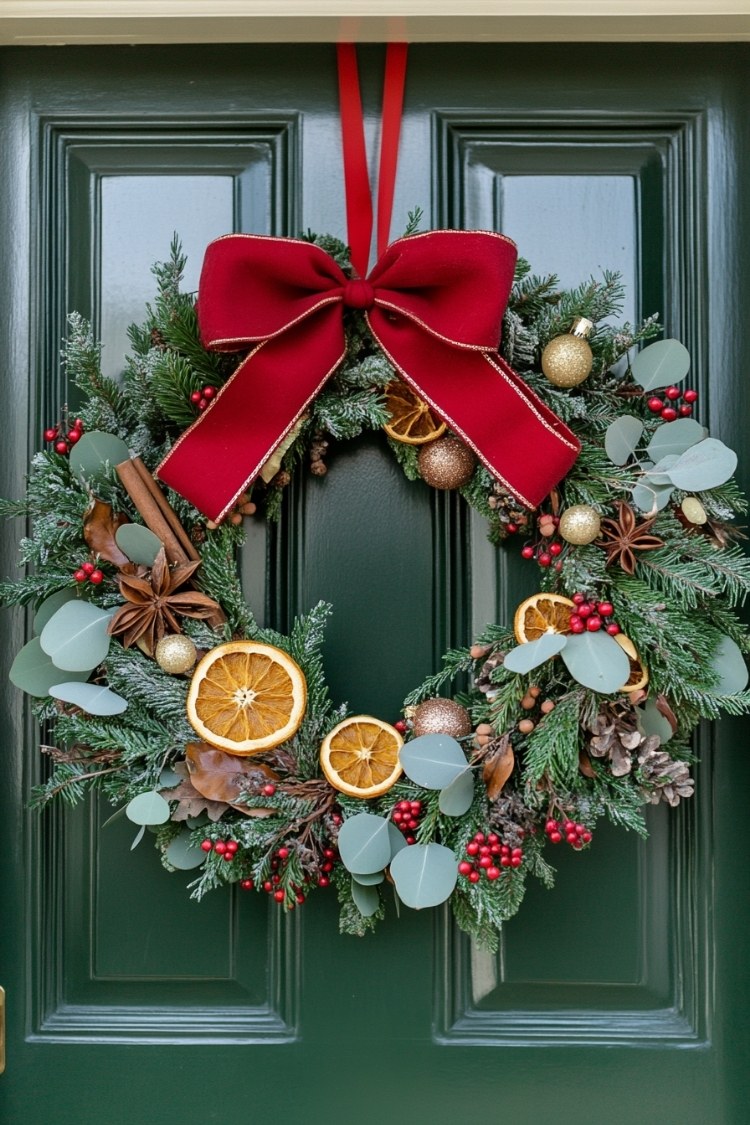 a diy christmas wreath on front door