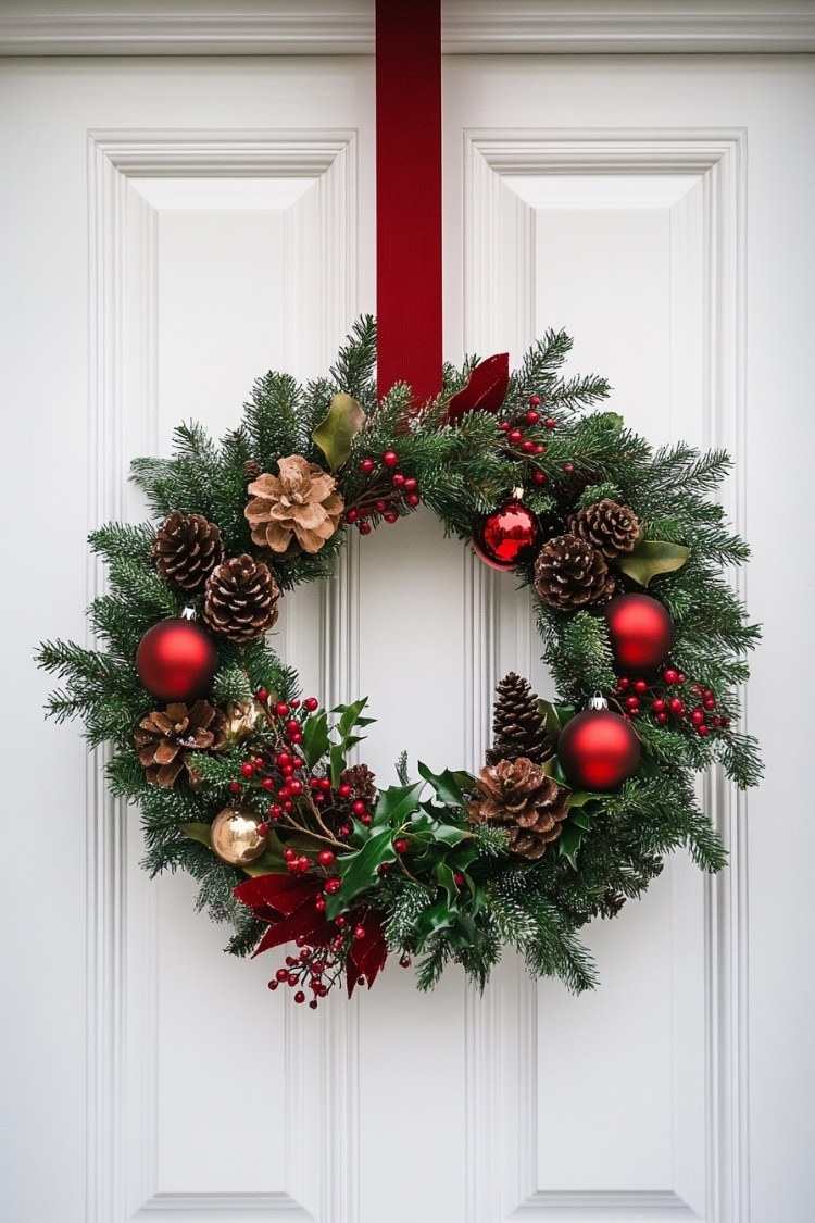 a diy christmas wreath on front door