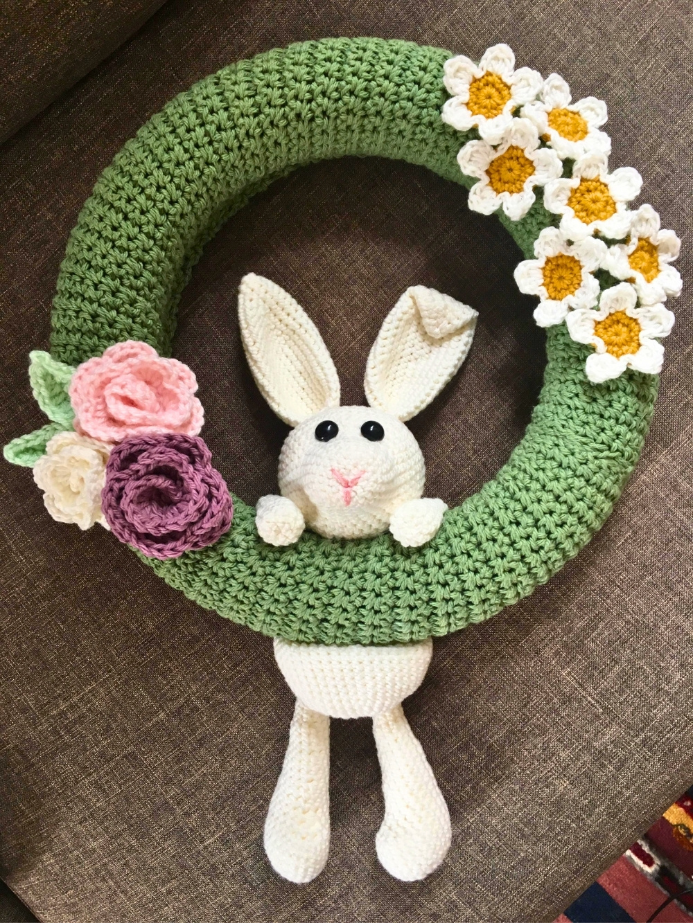 Crochet Bunny Easter Wreath With Green Base And Pastel Flowers