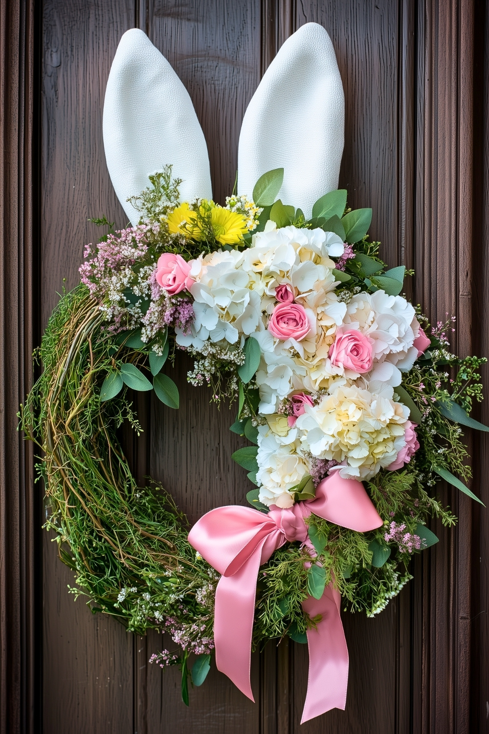 Floral Bunny Ear Easter Wreath With Hydrangeas And Roses