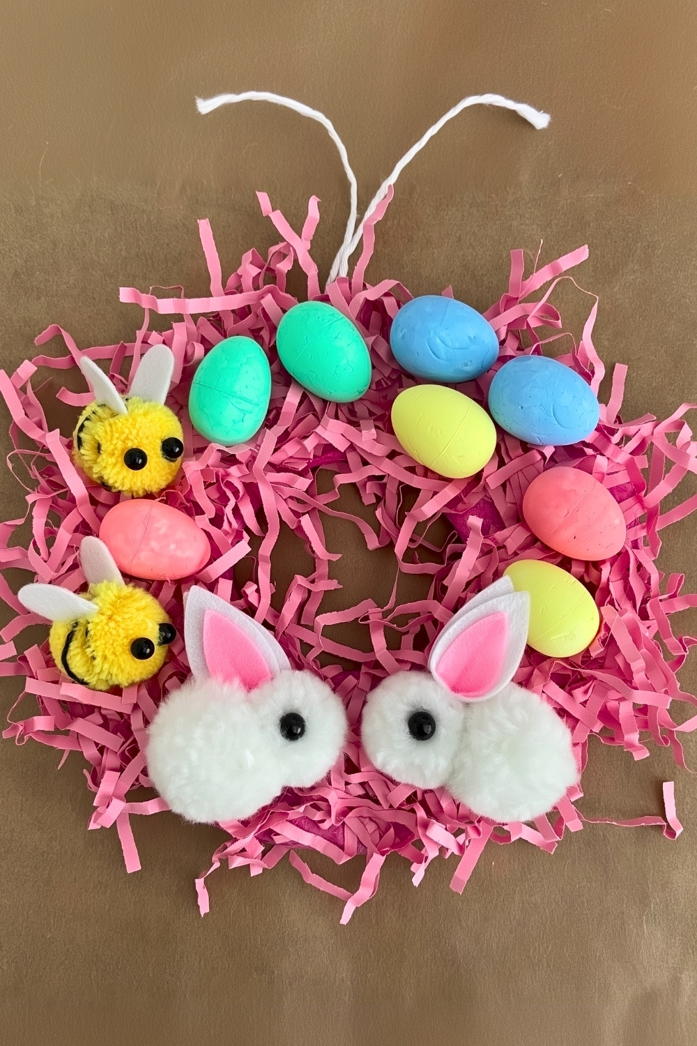 Kids Easter Wreath With Pom-Pom Bunnies And Plastic Eggs
